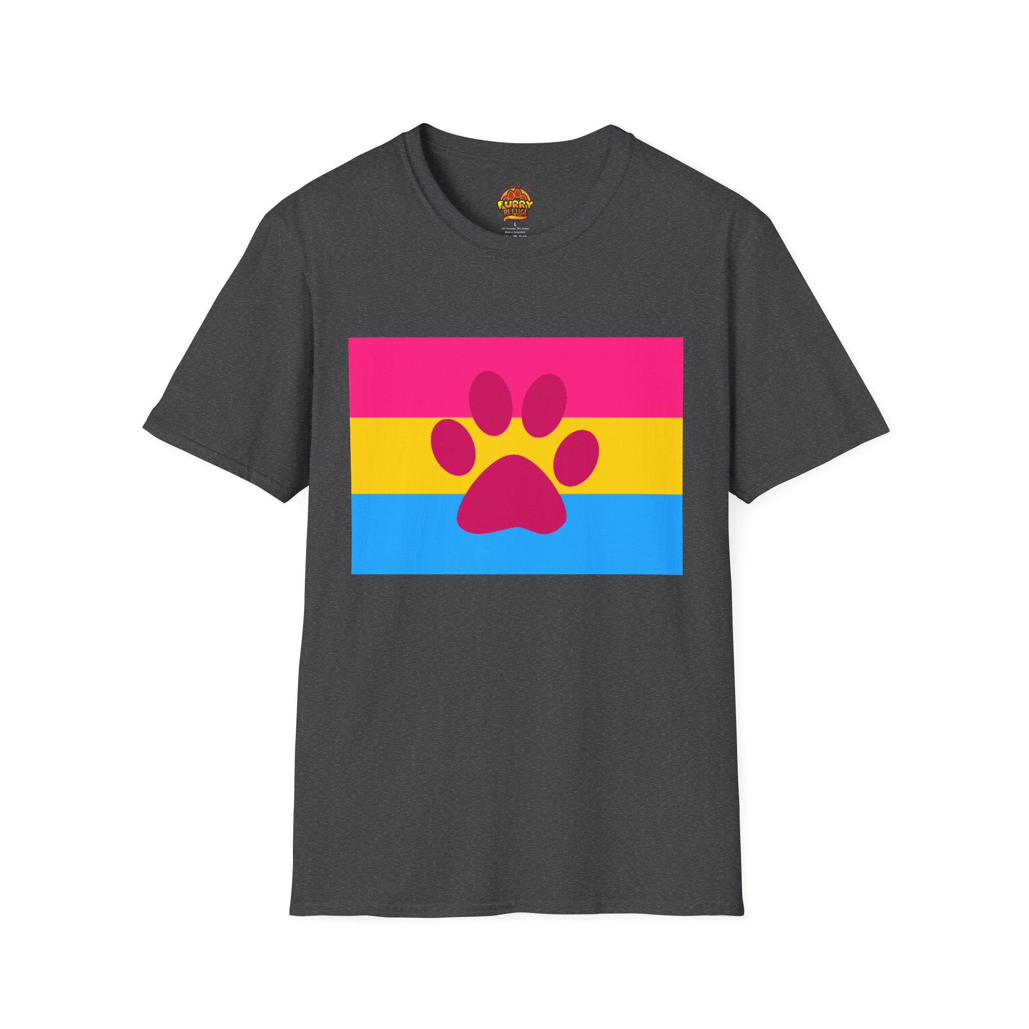Charcoal gray t-shirt with a pansexual pride flag and pink paw print design.
