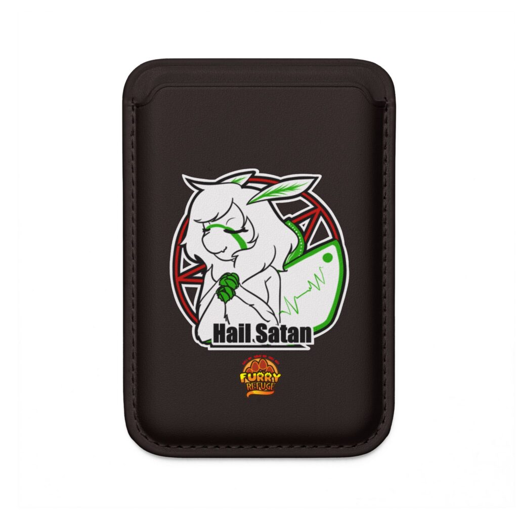 Black MagSafe card holder featuring an illustrated white furry character and the text Hail Satan.