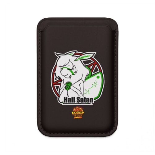 Vegan wallet with a design featuring a furry character and the text 'Hail Satan'.
