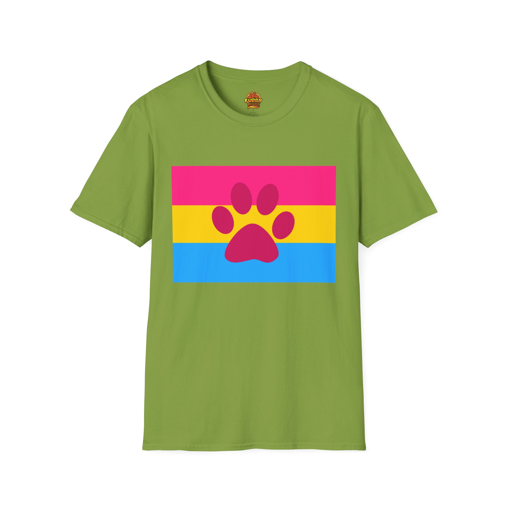 Olive green t-shirt displaying the pansexual pride flag with a red paw print emblem in the center.