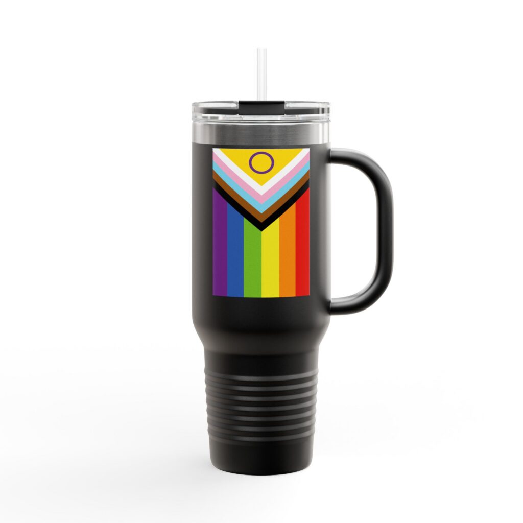 Black insulated travel mug featuring a colorful Intersex-inclusive Progress Pride flag design.