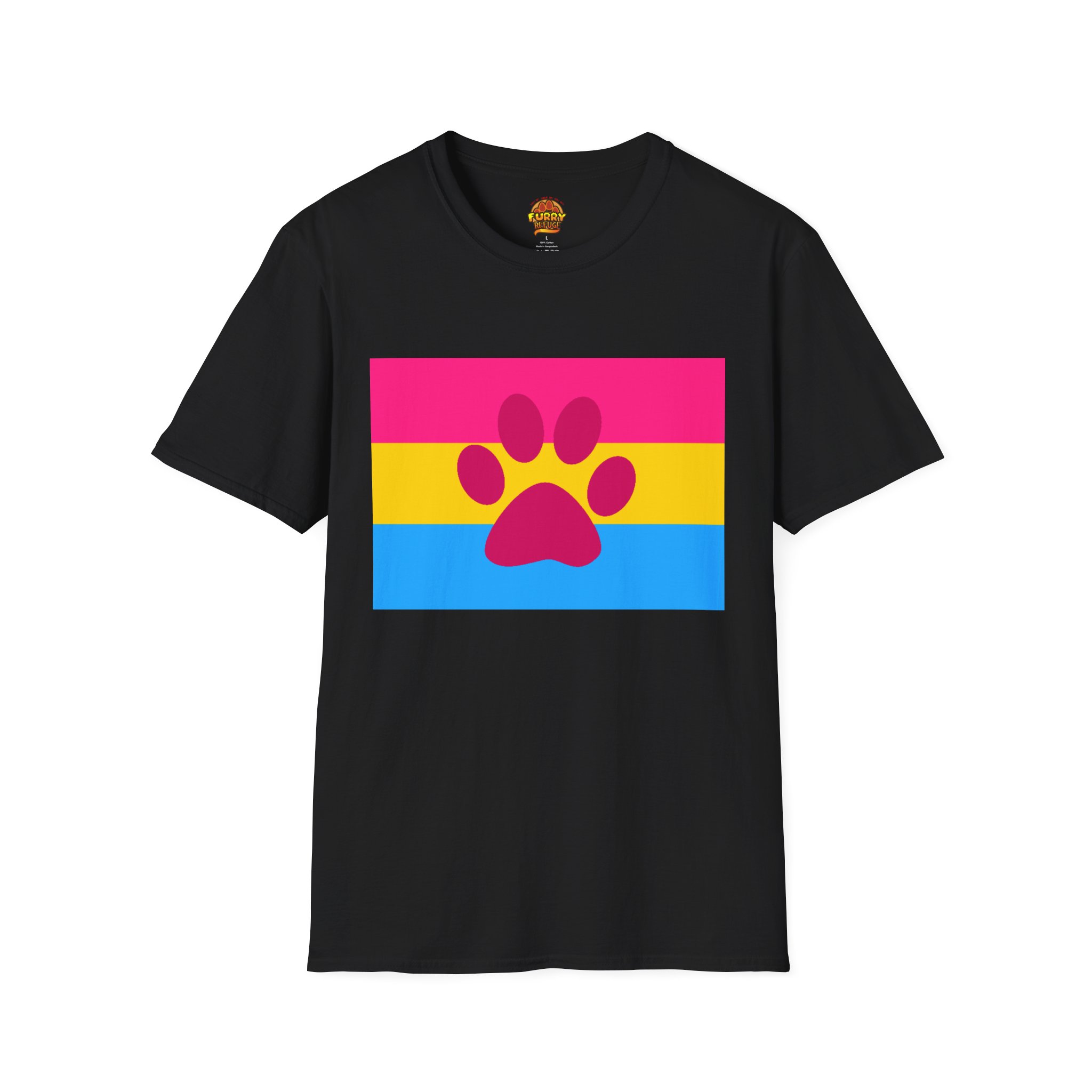 Black T-shirt featuring a pansexual pride flag with a pink paw print design.