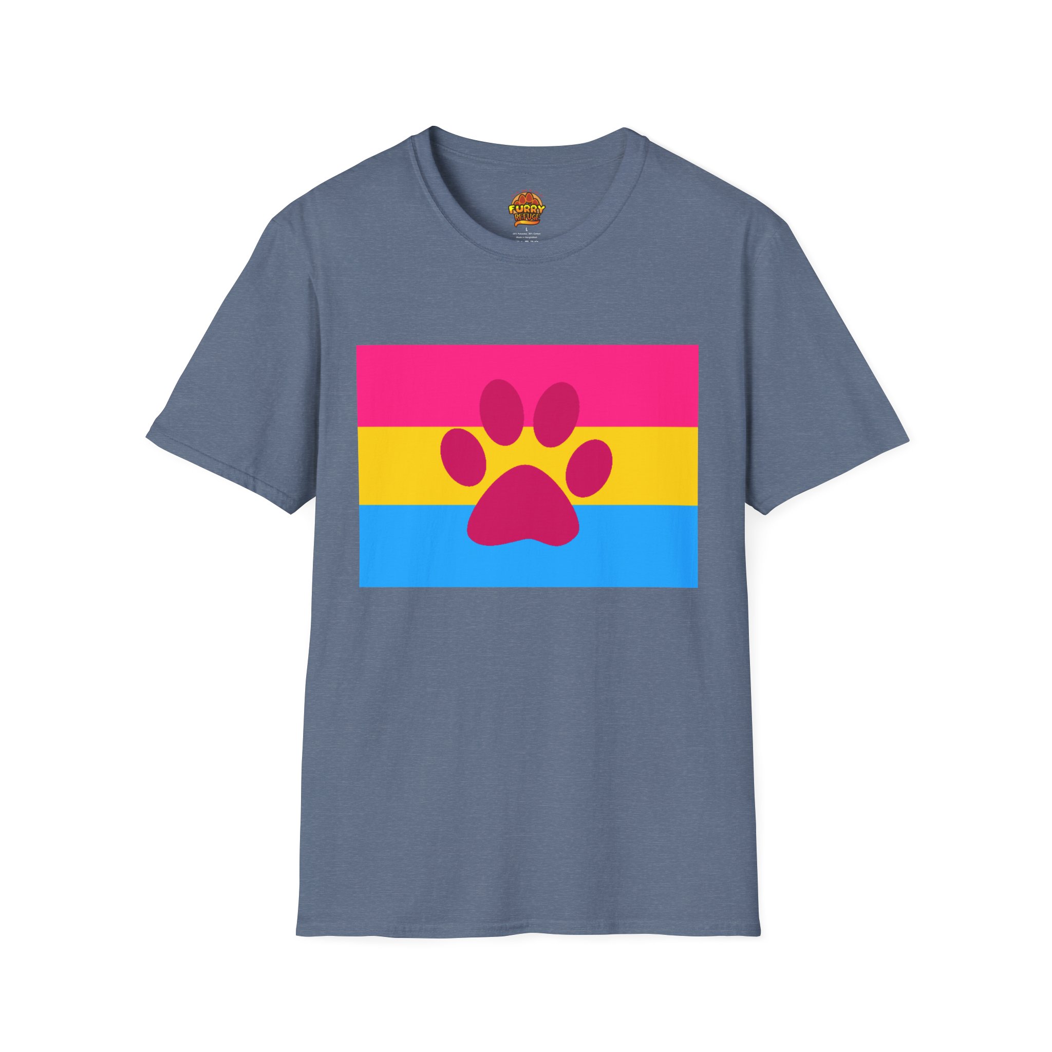 A heather blue t-shirt featuring the Pansexual pride flag with a pink paw print on the center, indicating pansexual furry pride.