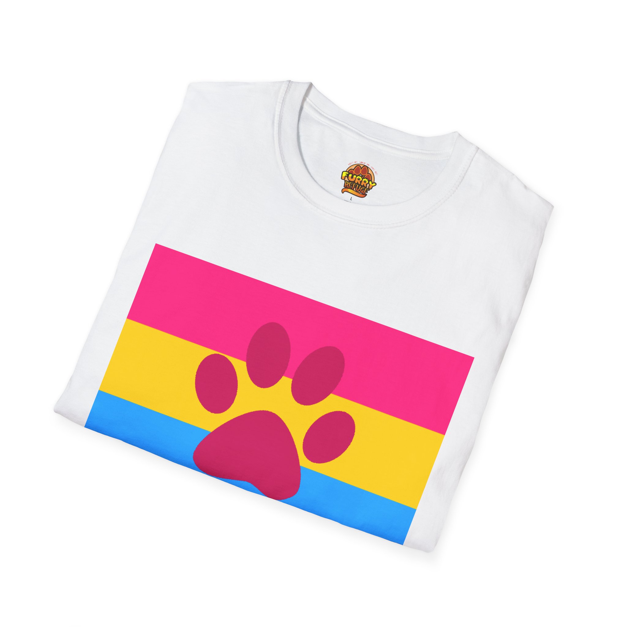 White t-shirt featuring the pansexual flag and a pink paw print, representing furry pride.