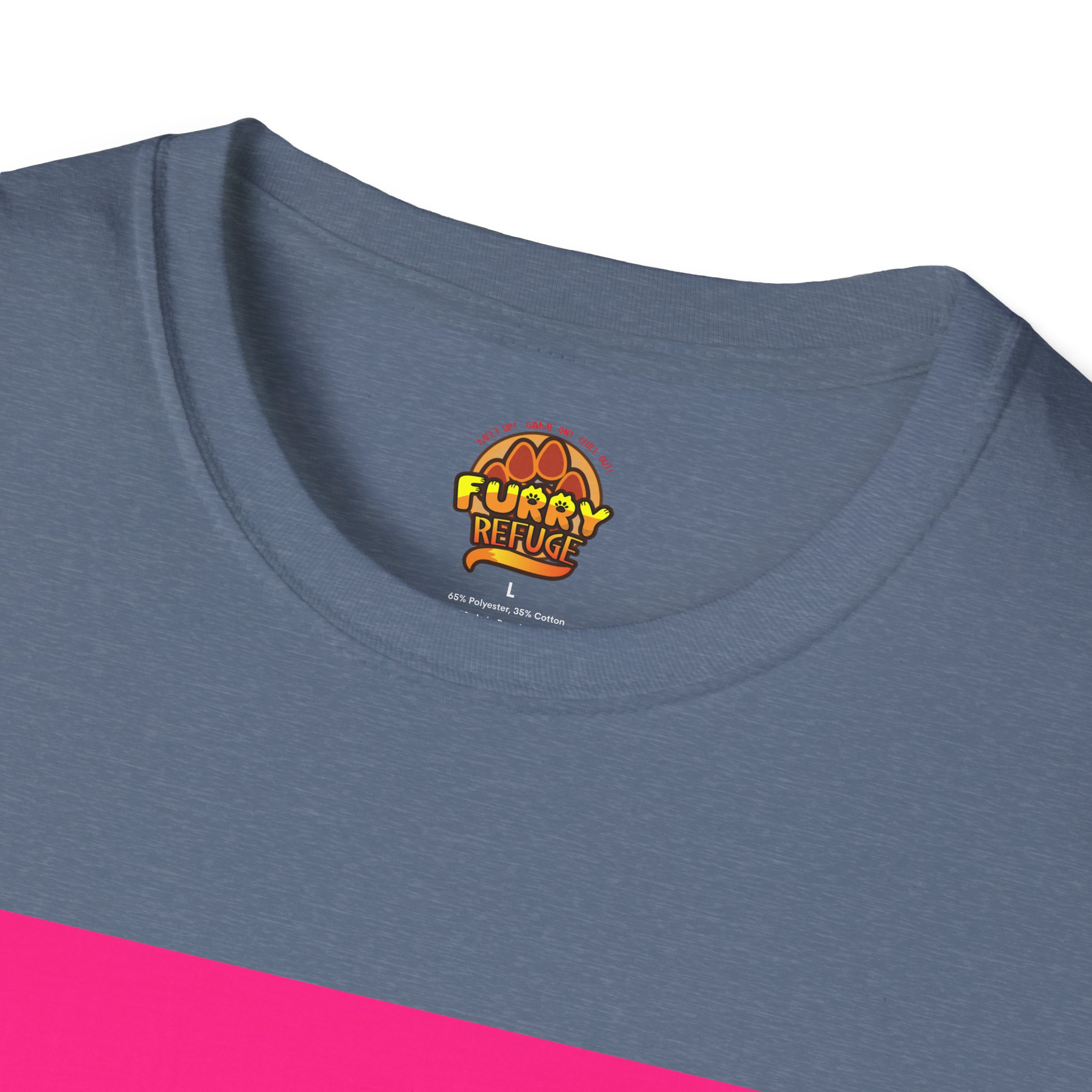Close-up of the neck of a gray and pink Furry Refuge t-shirt, featuring the Furry Refuge logo with pawprints and the text 'MEET UP! GAME ON! CHILL OUT!'