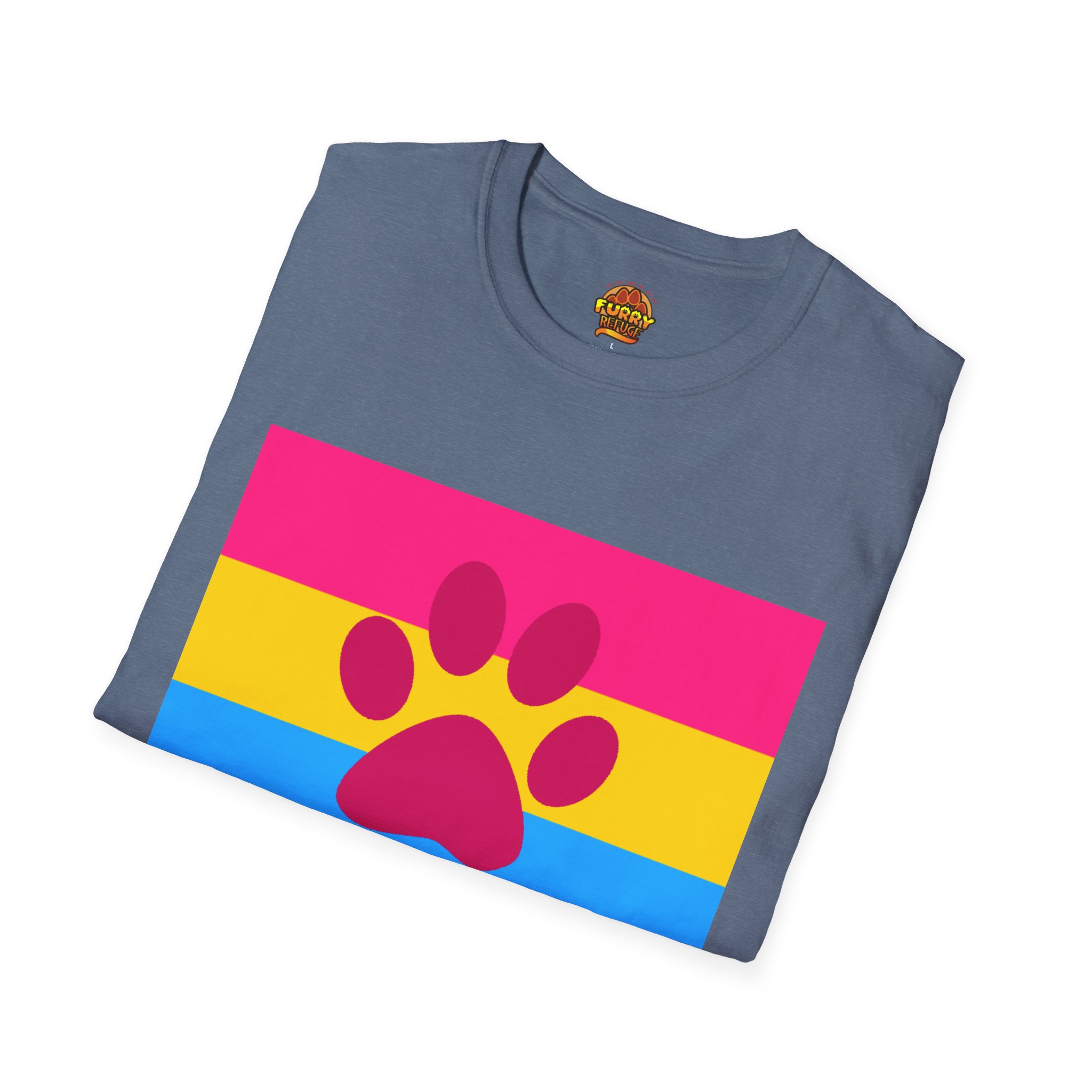 A folded heather grey t-shirt featuring the pansexual pride flag (pink, yellow, blue stripes) overlaid with a pink paw print. The 'Furry Refuge' logo is visible at the neckline.