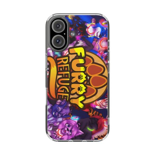 Furry Refuge phone case featuring cartoon furry characters and the 'Furry Refuge' logo.