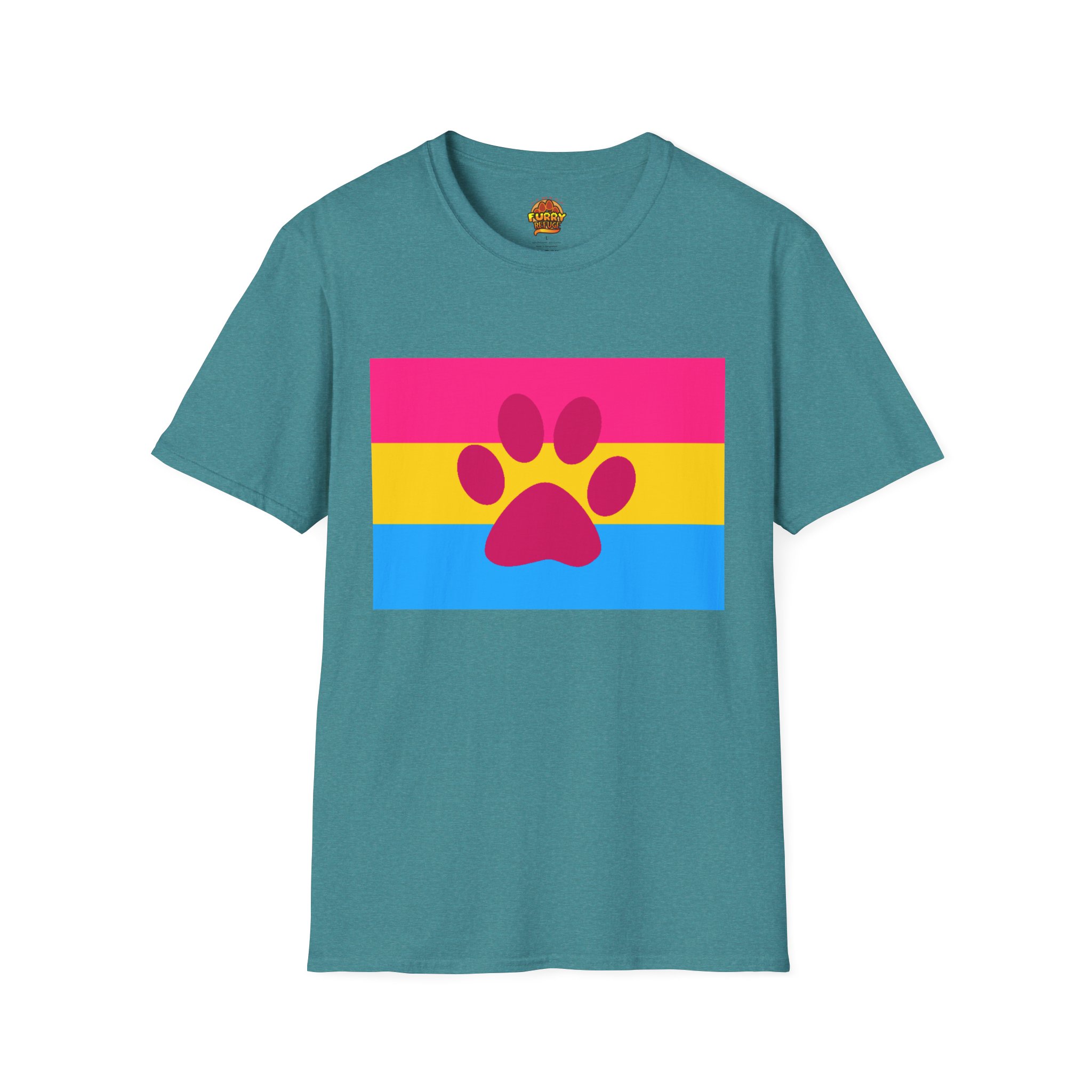 Teal t-shirt with a pansexual flag design and a pink furry paw print on the chest.