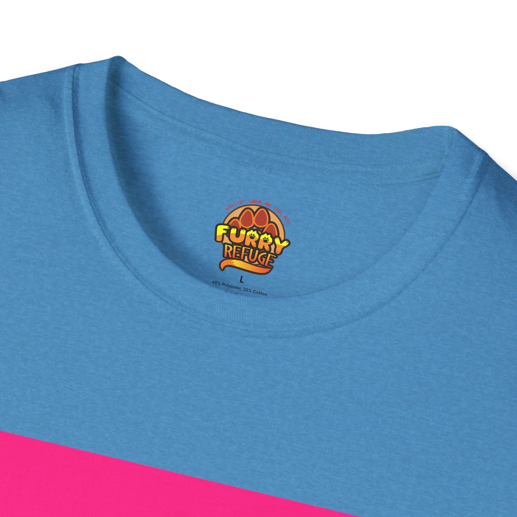 Close up of the neckline and label of a blue and pink Furry Refuge tee shirt.