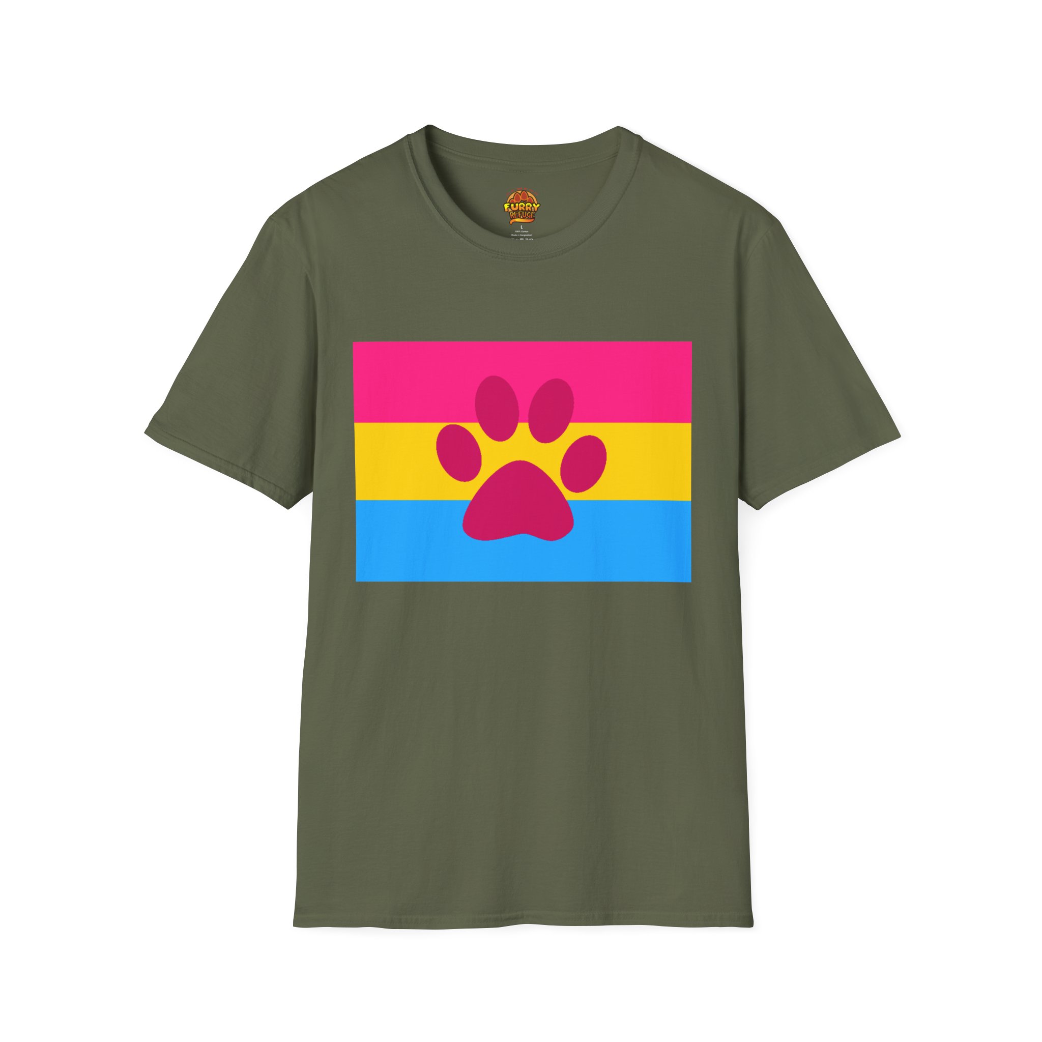 Olive green t-shirt featuring the pansexual pride flag with a pink paw print in the center.